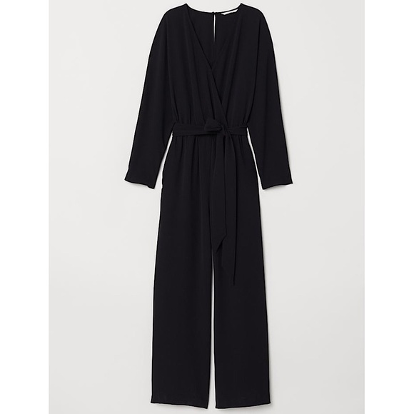 H&M Pants - NEW H&M Criss Cross Long Sleeve Tie Waist Wide Leg Jumpsuit, Black - Size 2